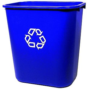 Desk-side blue recycling bin