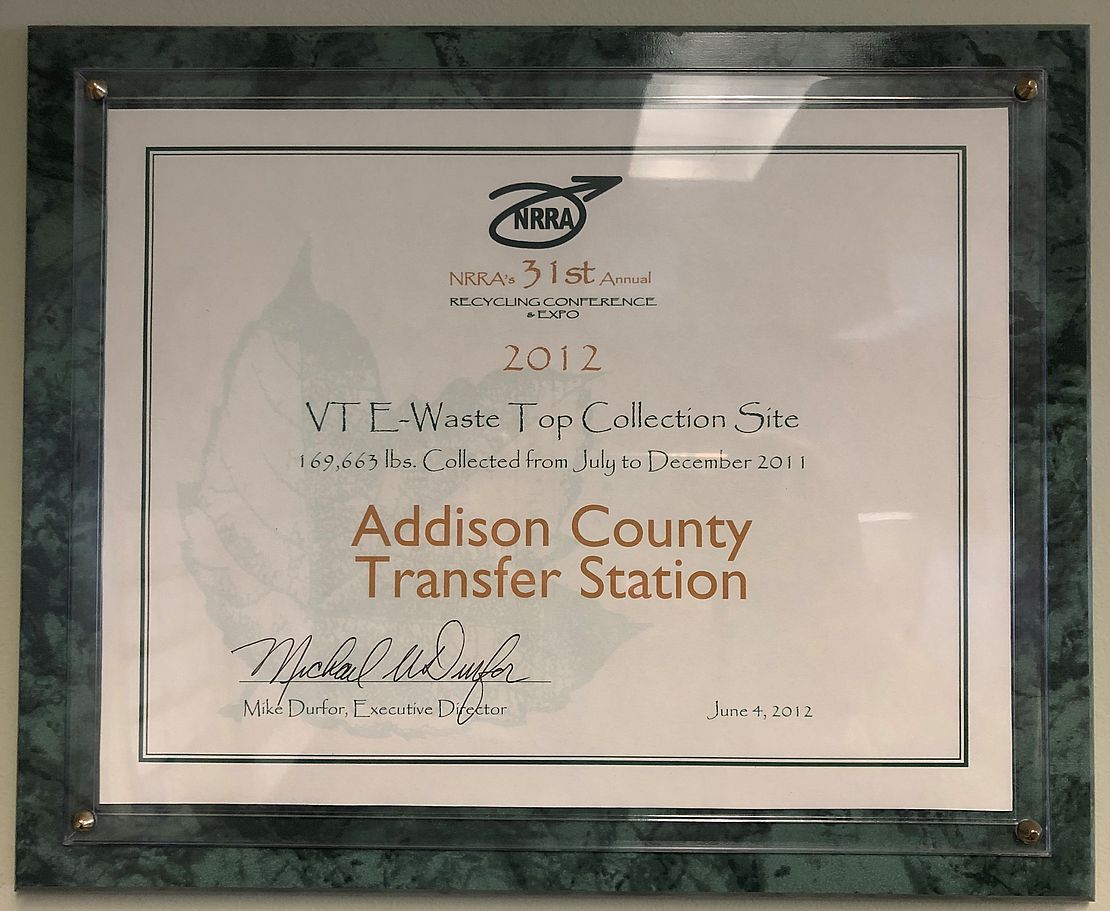 Plaque featuring ACSWMD as 2012 NRRA Top E Waste Collection Site in Vermont
